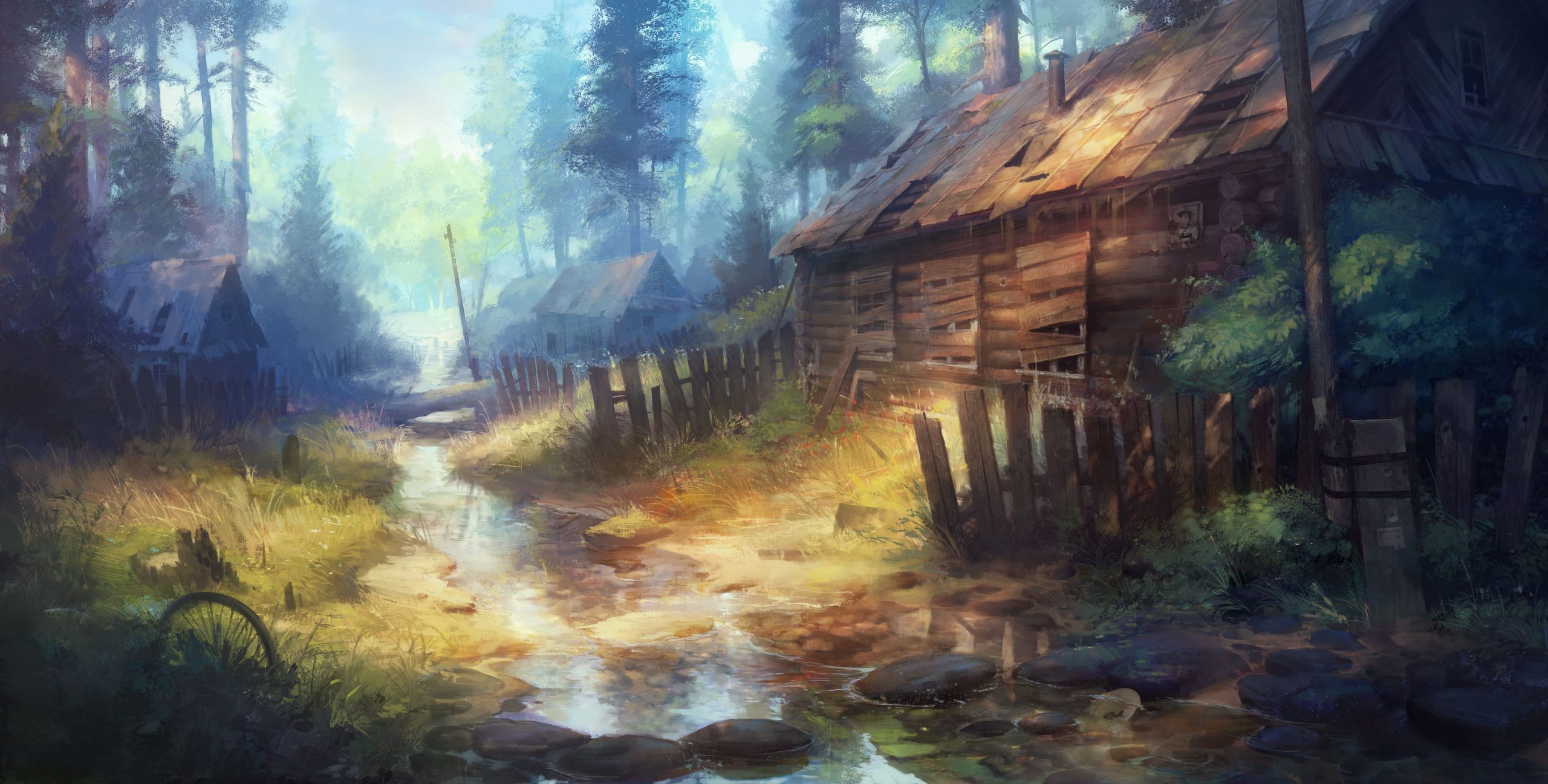 [壁纸]风景壁纸林间小河 小木屋 动漫插画风景5k壁纸 电脑壁纸-第1张