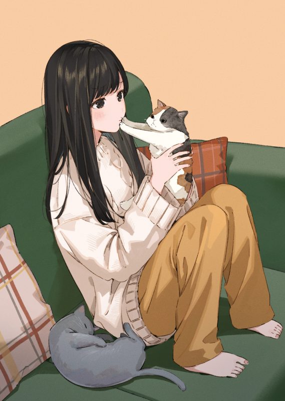 【插画】初音ミク 猫和女孩 巨乳制服萌妹 噶嗚·古拉 丝袜少女 P站美图-第2张