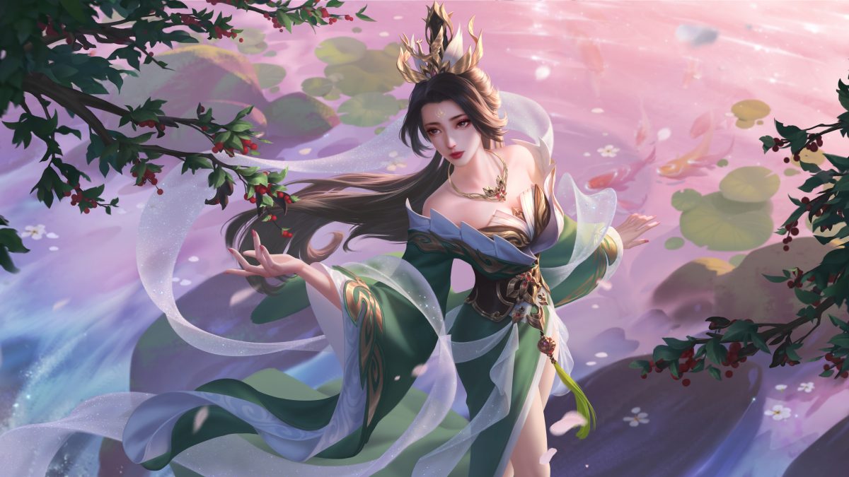 唯美仙女 树 鱼塘 鱼 荷花 古风美女5k高清壁纸 电脑壁纸-第1张