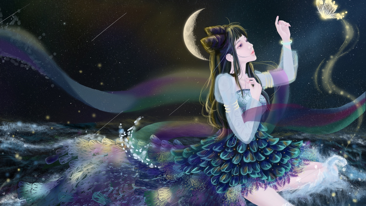 巴图BATU 古风女孩 丝绸 夜晚海 月亮 蝴蝶4k高清壁纸 电脑壁纸-第1张