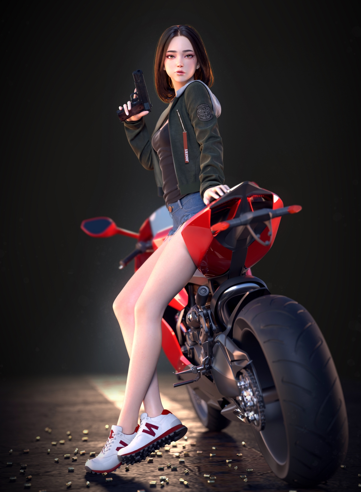 个性3d美女 休闲装 牛仔短裤 美腿 摩托车4k动漫手机壁纸竖屏 手机壁纸-第1张
