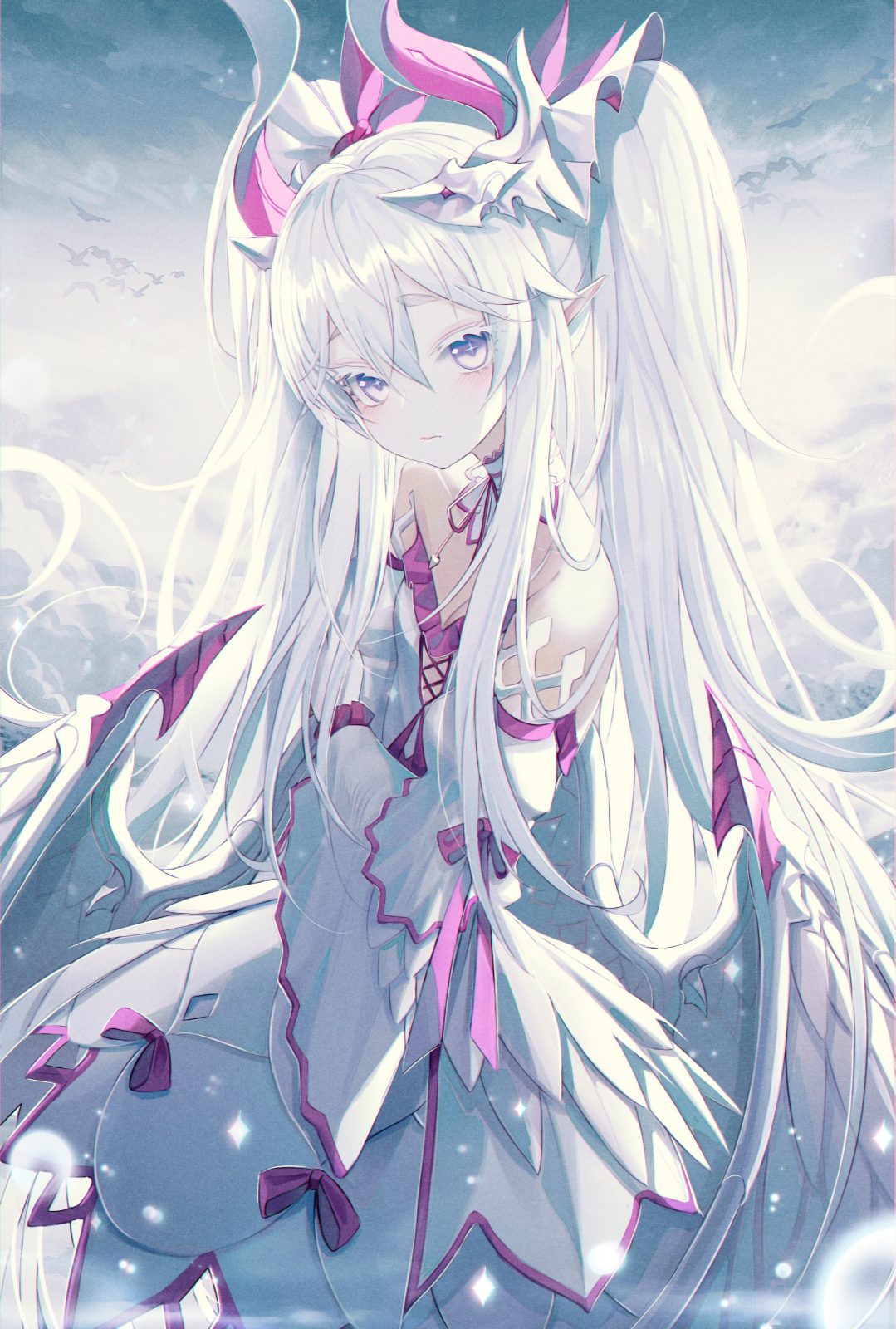 P站插画  兽角妹子  双马尾   白色连衣裙 幻想少女 P站美图-第1张