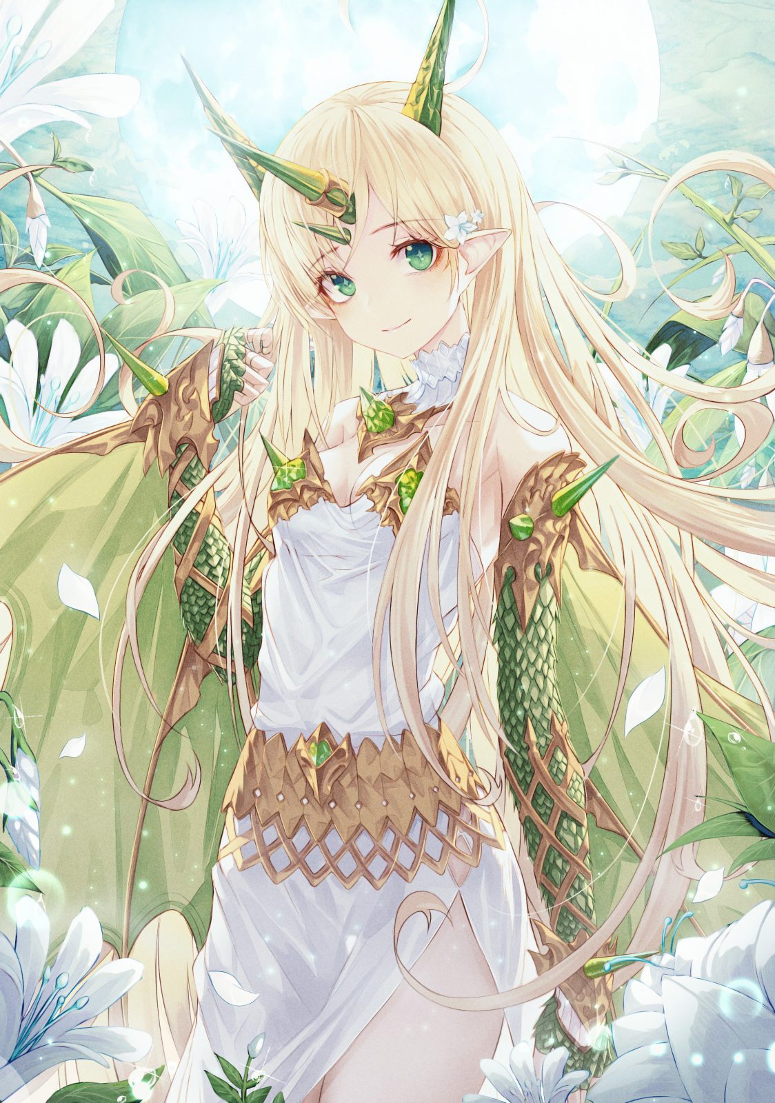 P站插画  兽角妹子  双马尾   白色连衣裙 幻想少女 P站美图-第3张