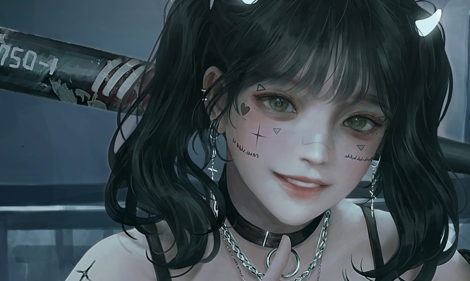 P站插画 原创 项圈 黑发双马尾@Shal.E 插画-第1张