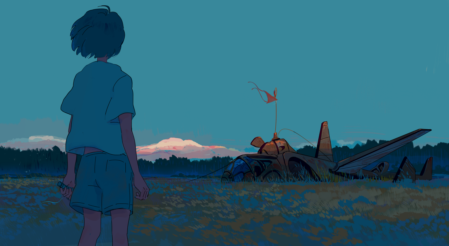 P站插画 原创 昔日  破旧飞机 风景插画 男孩背景 手机壁纸-第2张