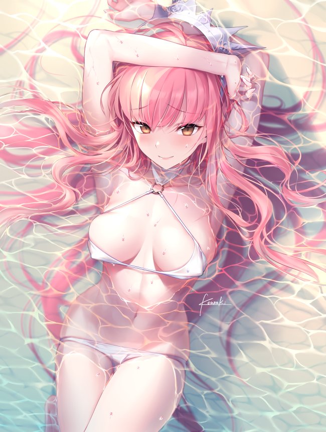 插画 红发少女  泳池 比基尼 插画-第1张