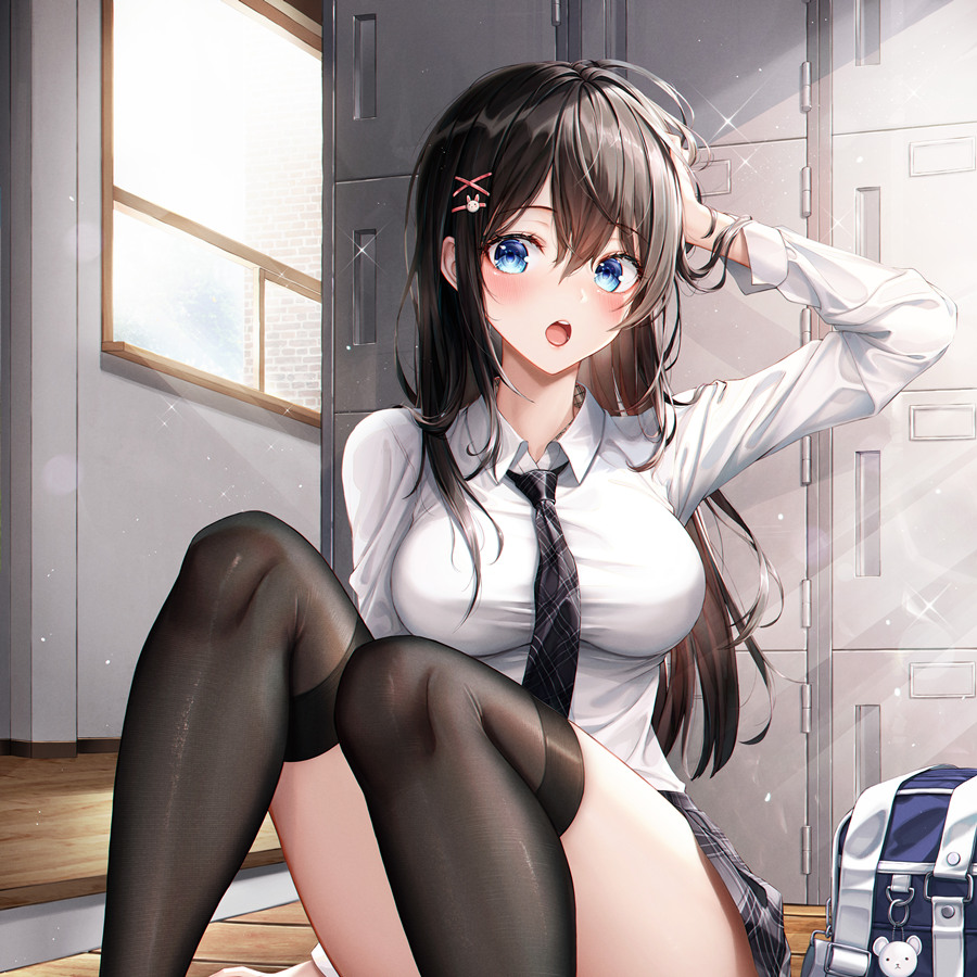 P站插画 原创 女高中生 JK制服  黑长直 过膝袜@Eichi P站美图-第1张