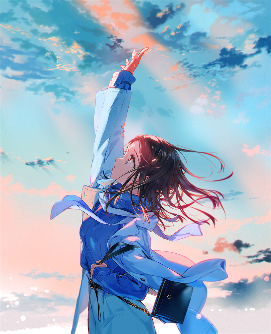 P站插画 原创 夕阳 侧脸 黑发少女@Tiv 手机壁纸-第1张