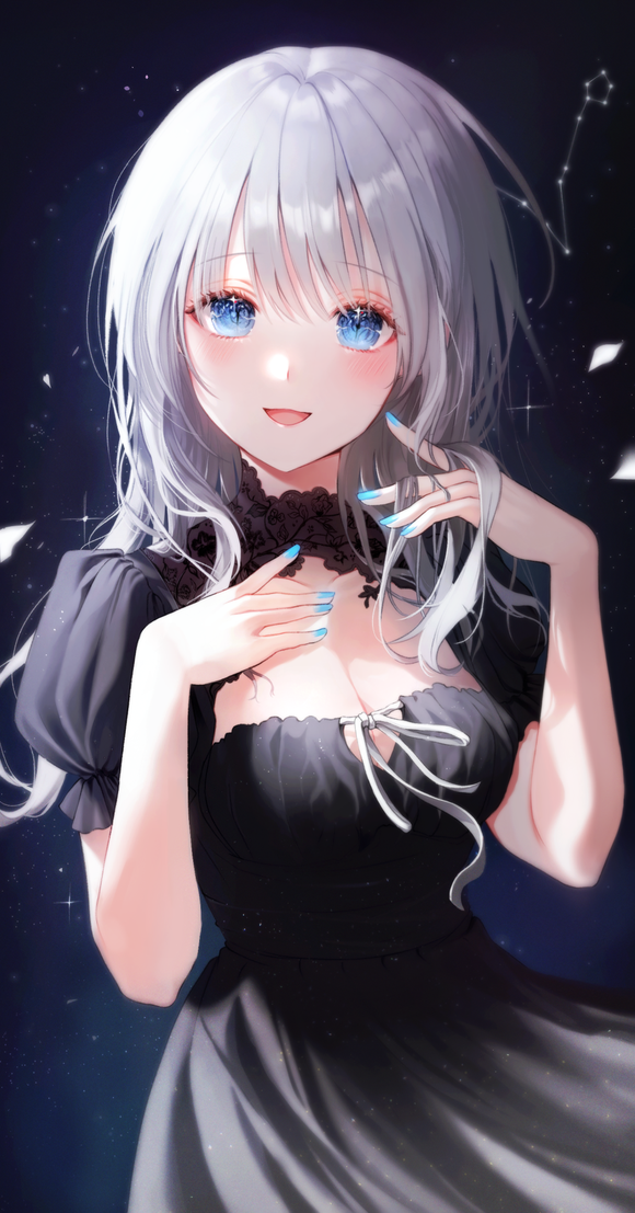 P站插画  原创少女 黑色连衣裙 蓝色美甲 银发碧眼@Langmal P站美图-第1张