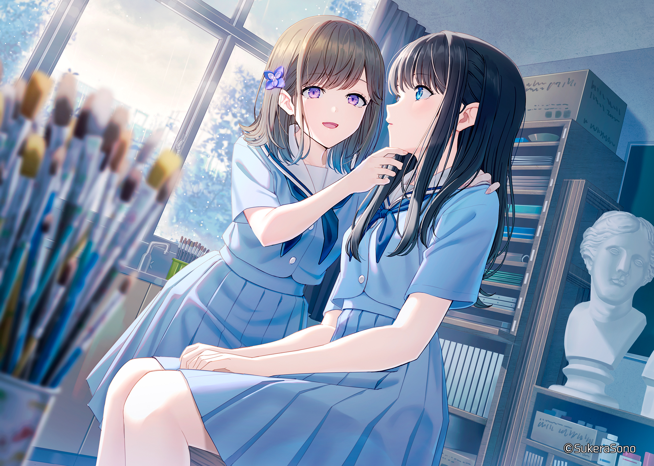 P站插画 原创 百合 水手服  JK制服 画室@日向あずり P站美图-第1张