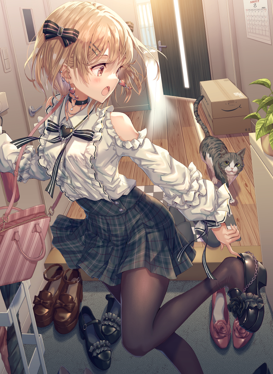 P站插画 原创 女孩子 猫 黑色口罩 出门穿鞋@HIROKAZU P站美图-第2张