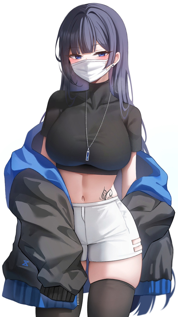 P站插画  原创少女 口罩  巨乳 短裤 黑丝@BIYA P站美图-第1张