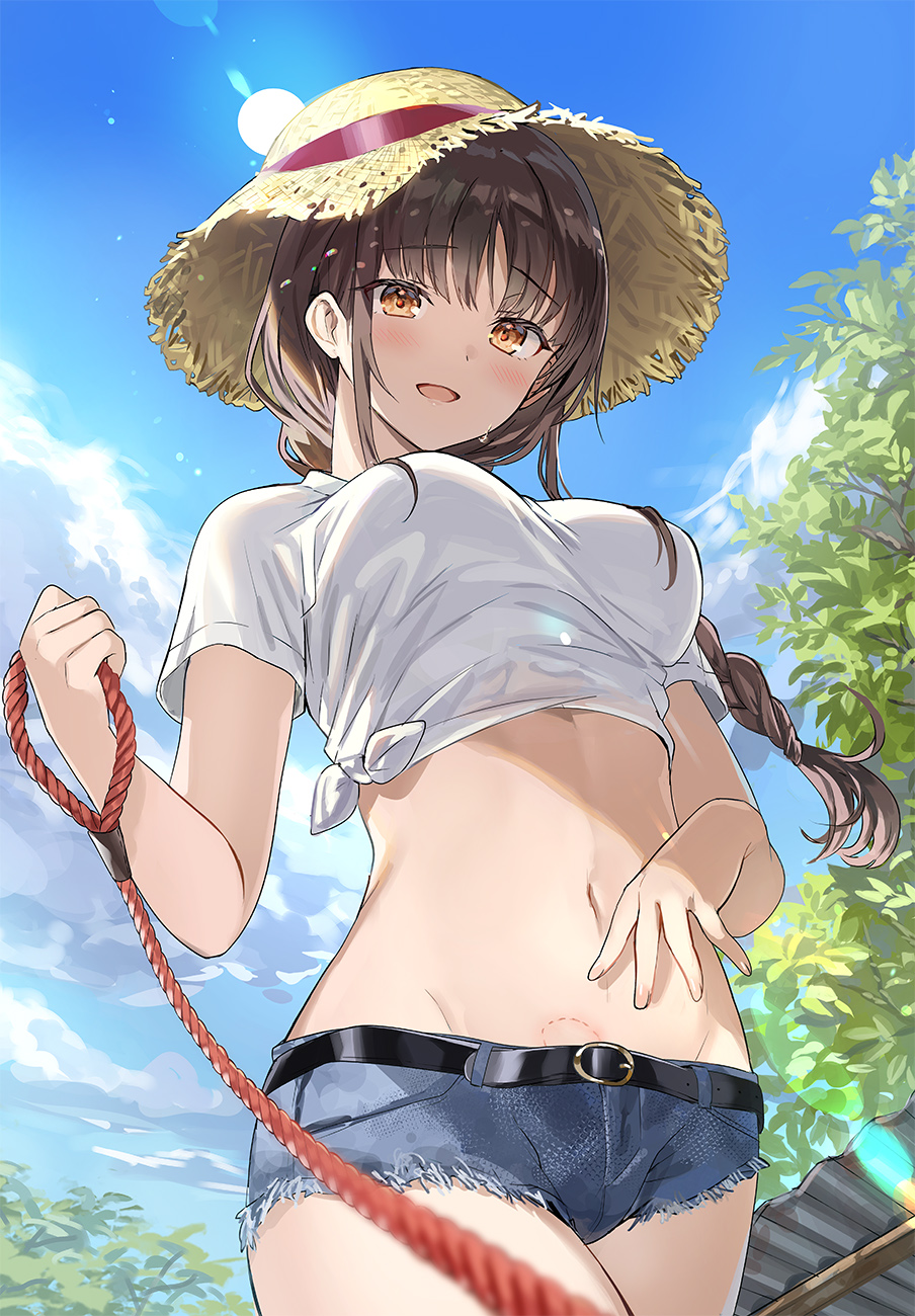 P站插画 原创  热裤 青空蓝天 戴草帽的女孩 麻花辫@たん旦 P站美图-第1张