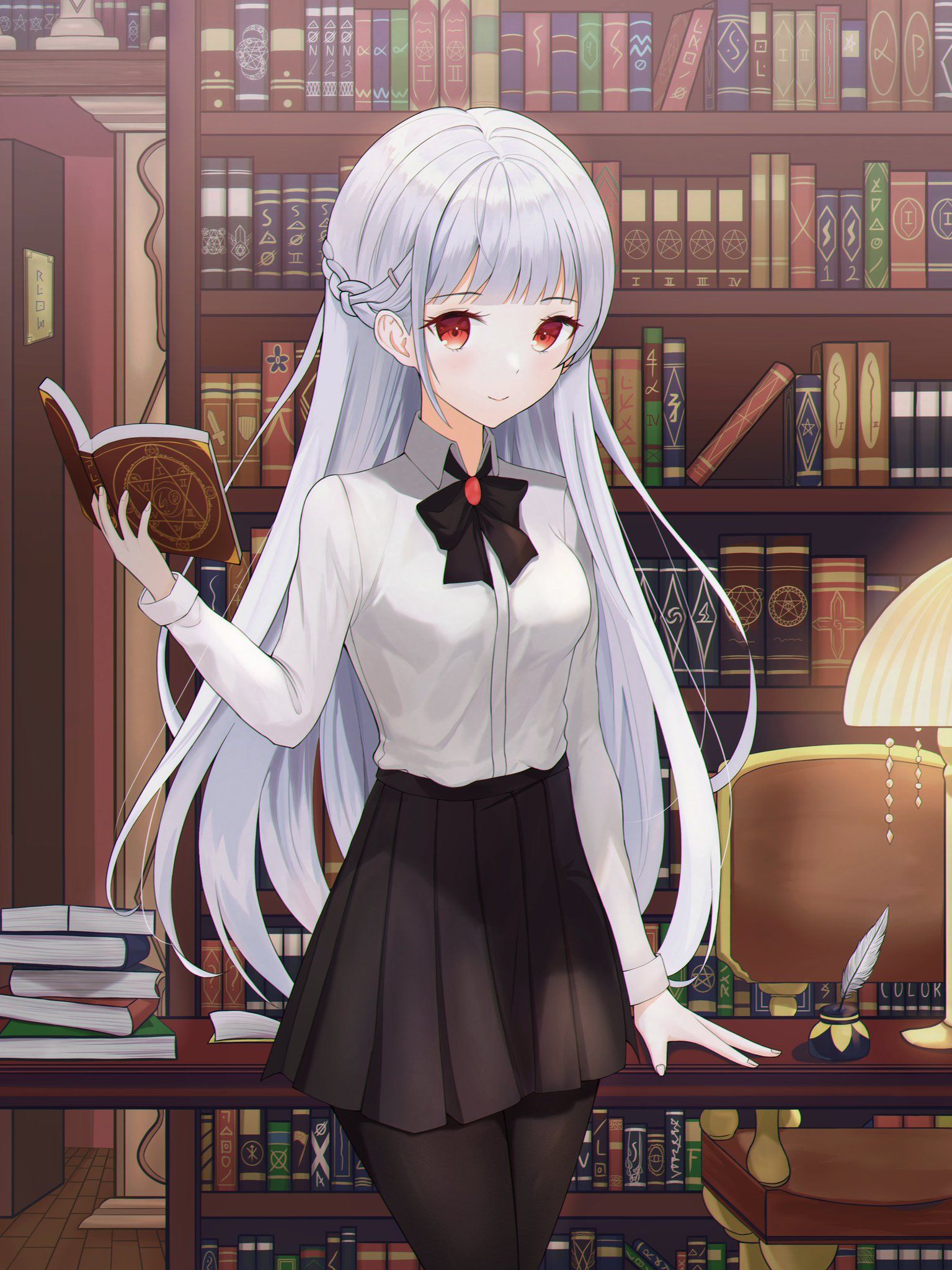 动漫插画 魔法书房 银发少女 短裙 黑丝 魔法书 手机壁纸 手机壁纸-第1张