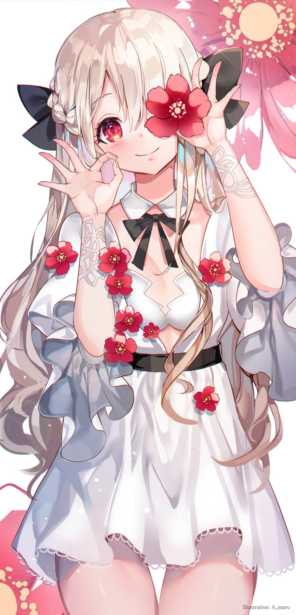 插画 花朵 OK 白色连衣裙 魅惑的大腿@A_maru P站美图-第1张