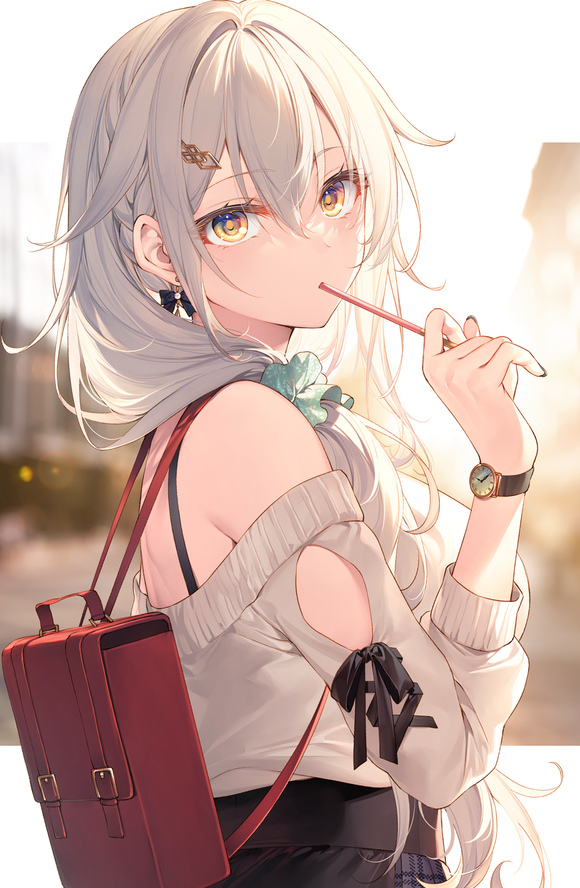 P站插画 原创插画  露肩 手表着衣 背包 银发@遠坂あさぎ P站美图-第1张