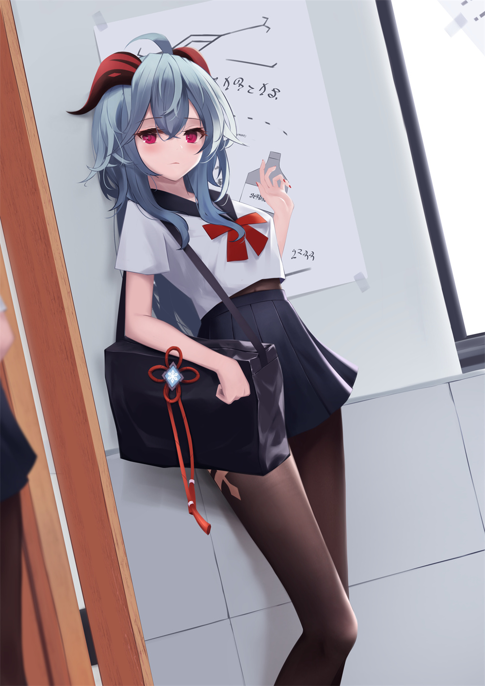 P站插画 原神 甘雨 黑丝袜 JK制服 背包@十夜铃千寻 P站美图-第1张