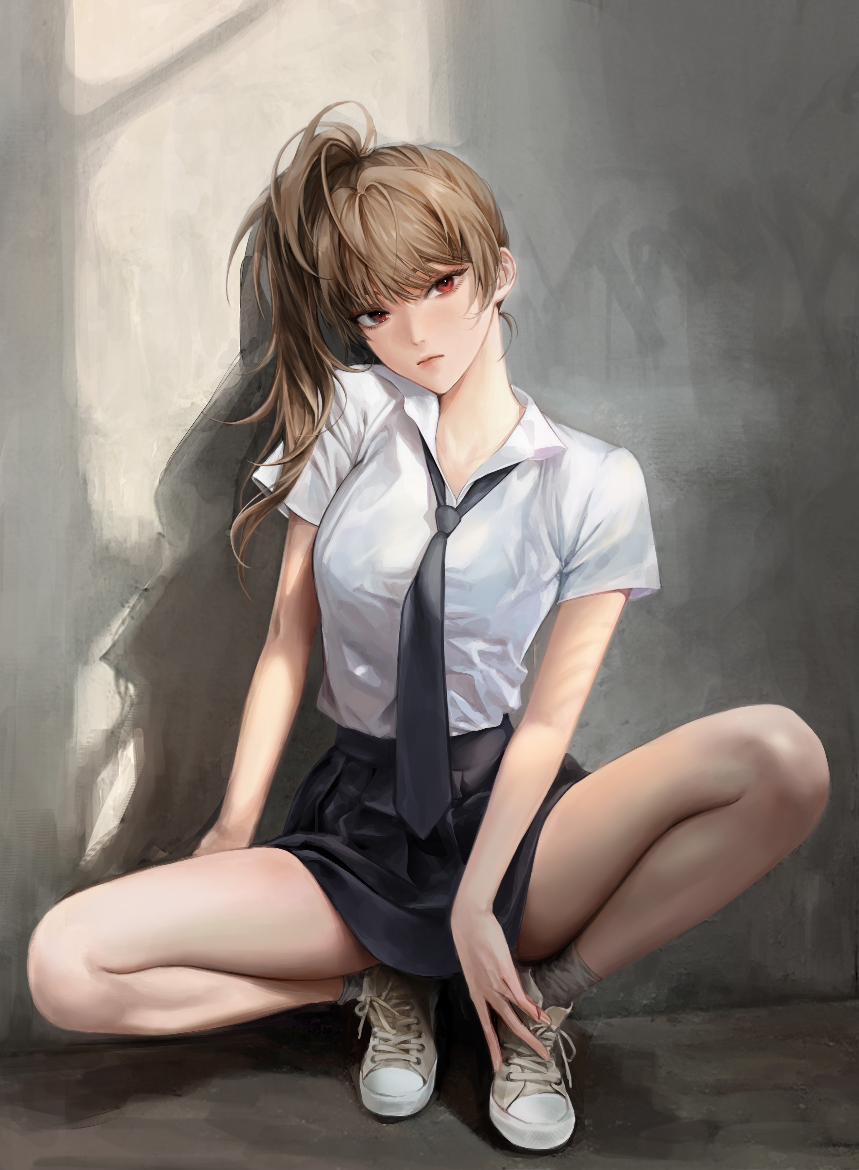 韩国插画师 领带 白色制服 黑色短裙 美少女@tannamuuu 插画-第1张