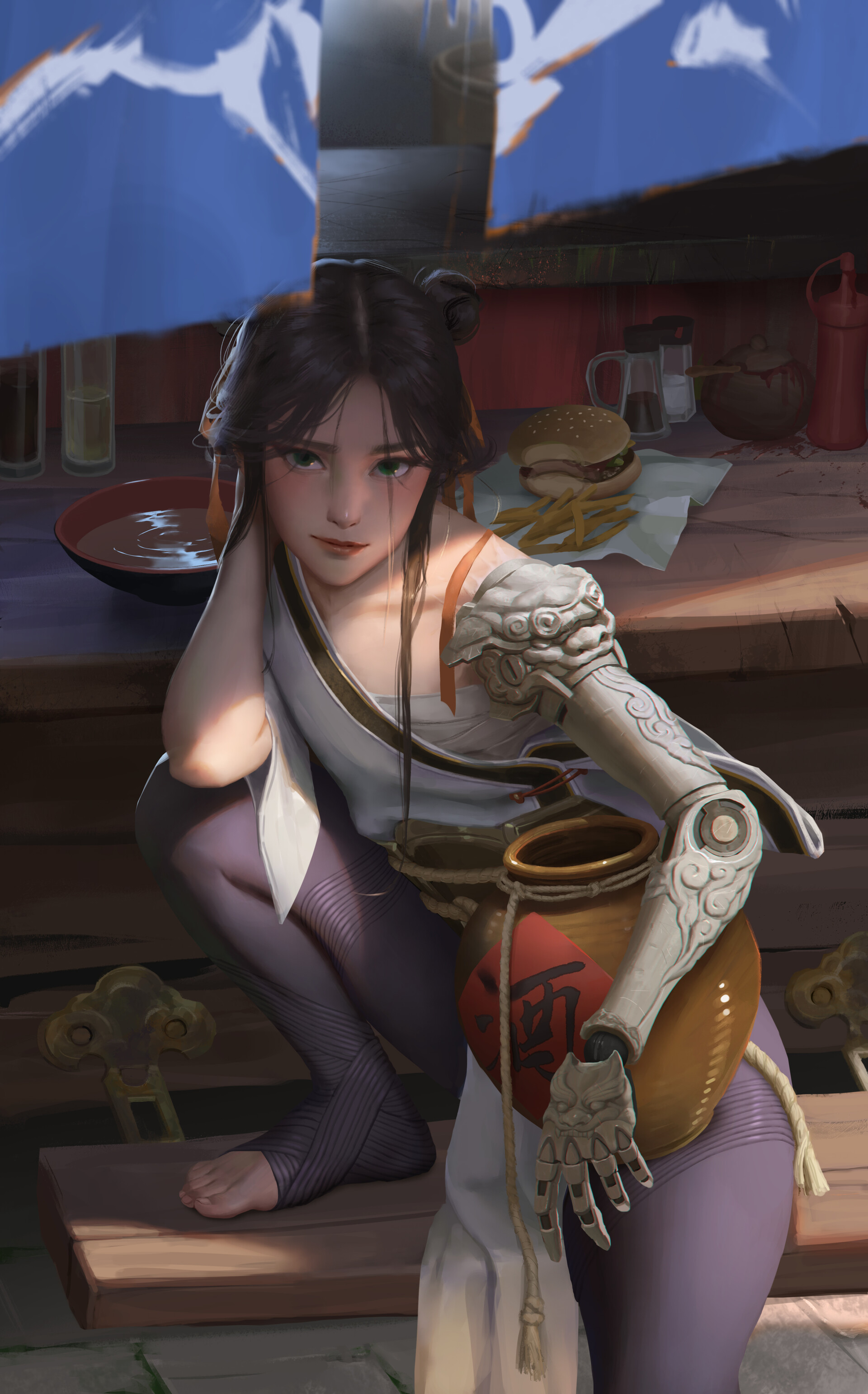 artstation建模 3D CG 古风女侠 酒馆少女 汉堡薯条@Tony Liu 插画-第1张