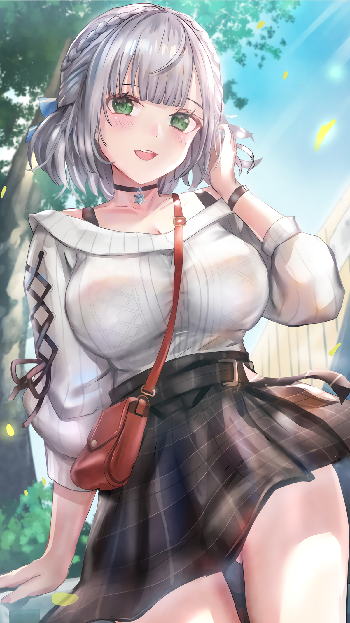 插画原图 银发麻花辫 巨乳 短裙 红背包@ATAI 手机壁纸-第1张
