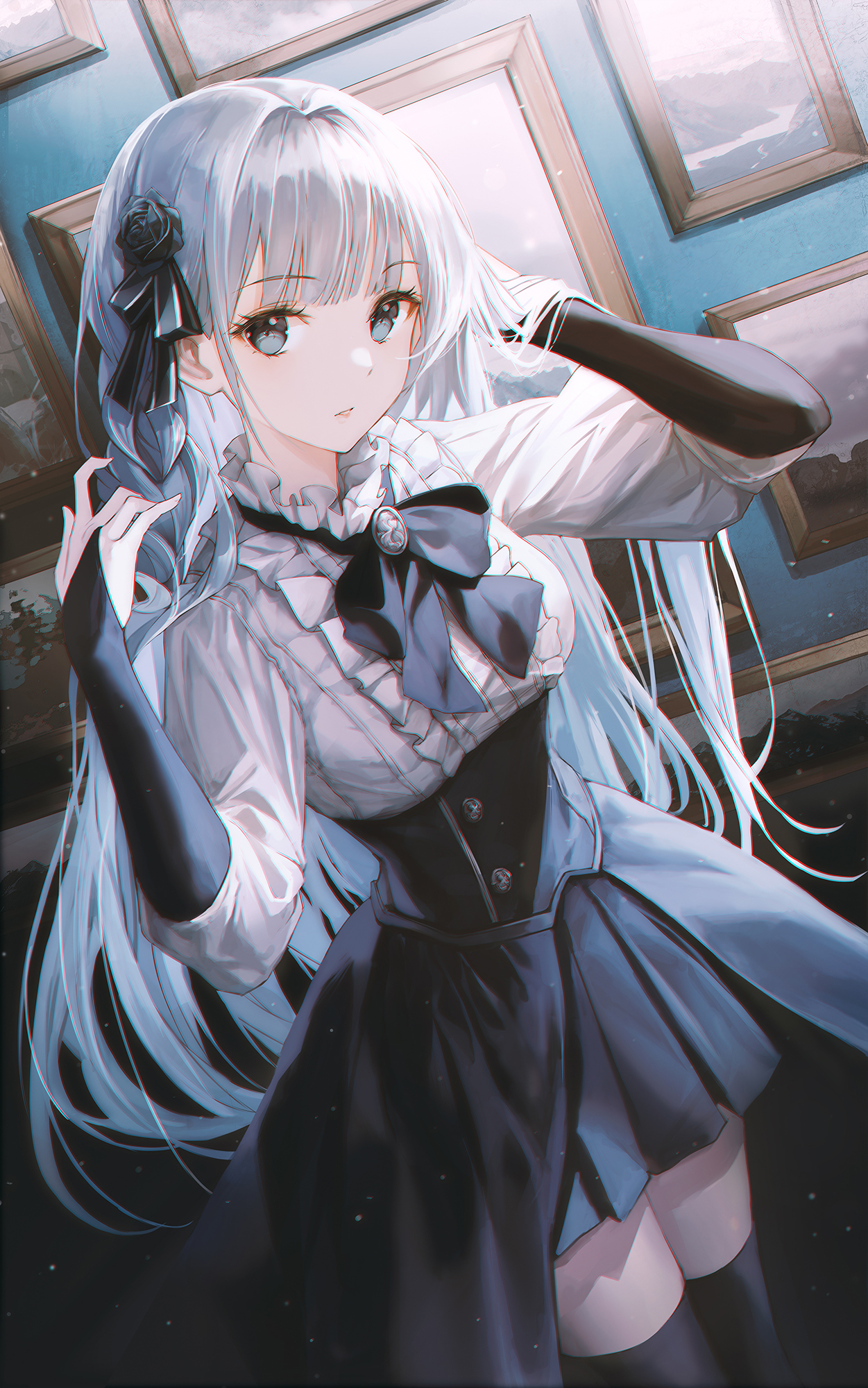 P站插画 原创 哥特萝莉 蝴蝶结 银色长发@YOHAKU P站美图-第1张