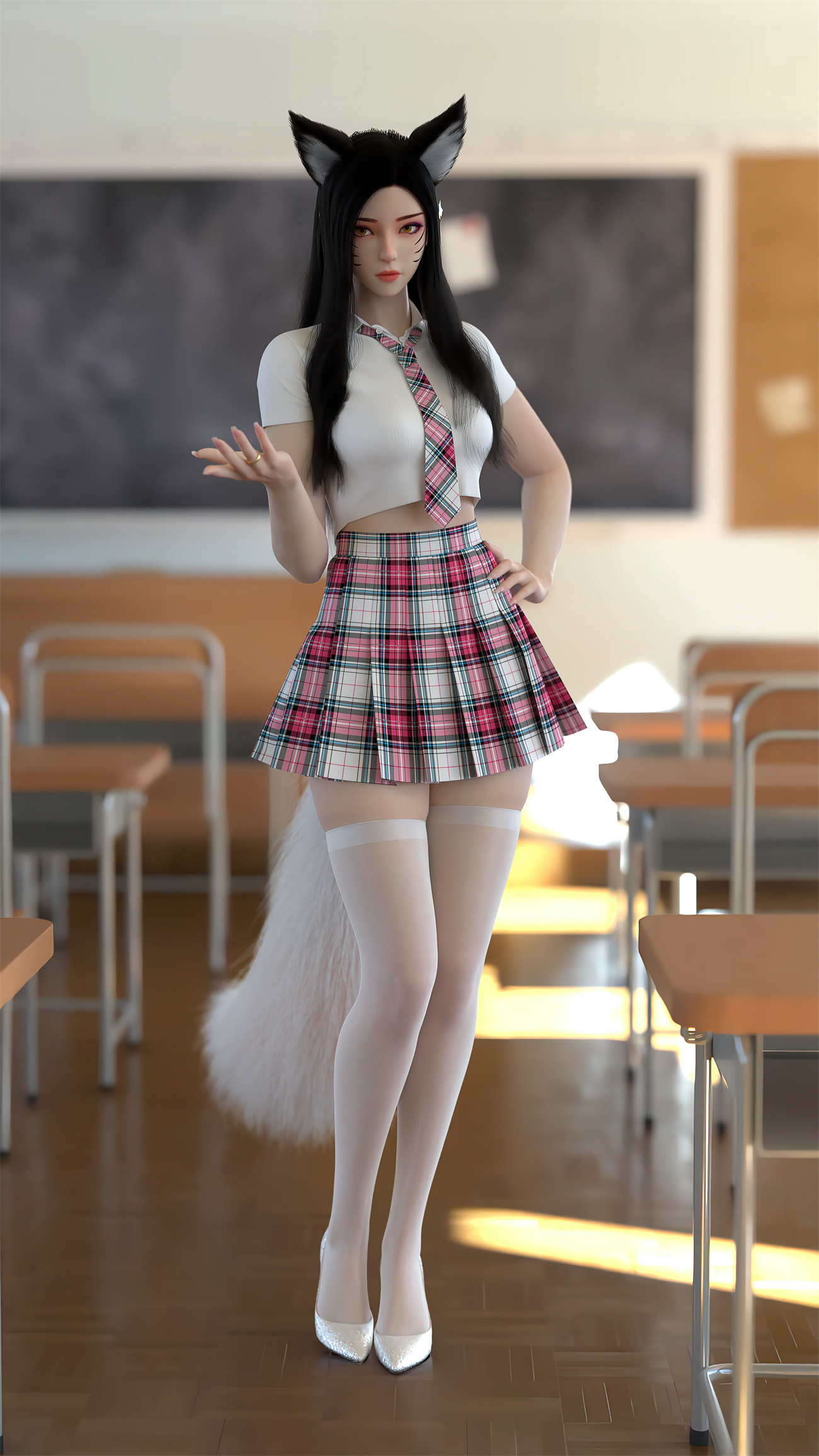 P站插画 3DCG 原创 美腿 性感美女 白丝 JK狐耳少女@Sunshine物语 P站美图-第2张