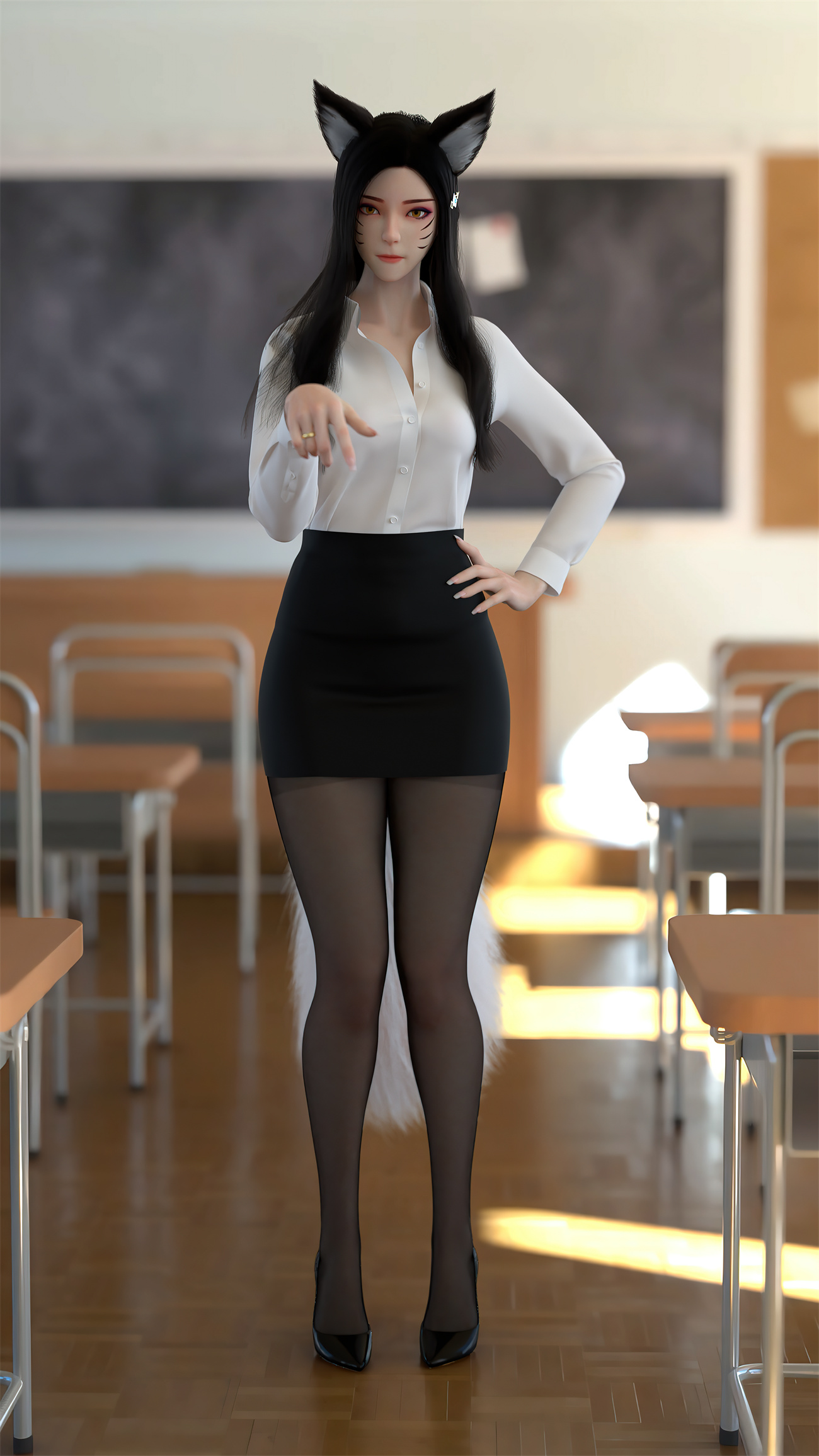 P站插画 3DCG 原创 美腿 性感美女 白丝 JK狐耳少女@Sunshine物语 P站美图-第3张