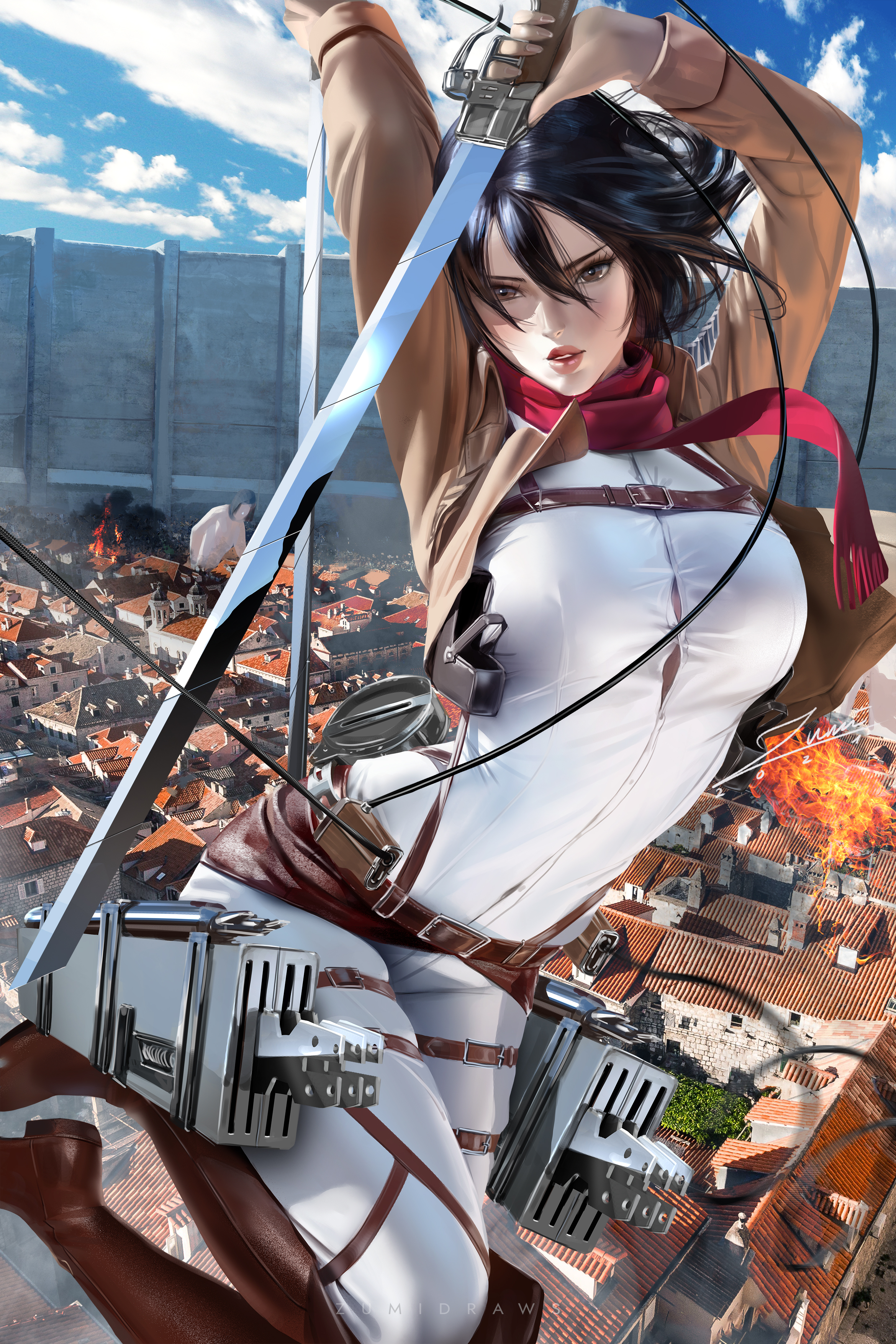 P站插画 进击的巨人  三笠·阿克曼 动漫女孩 剑武器 夹克 短发@Zumi P站美图-第1张