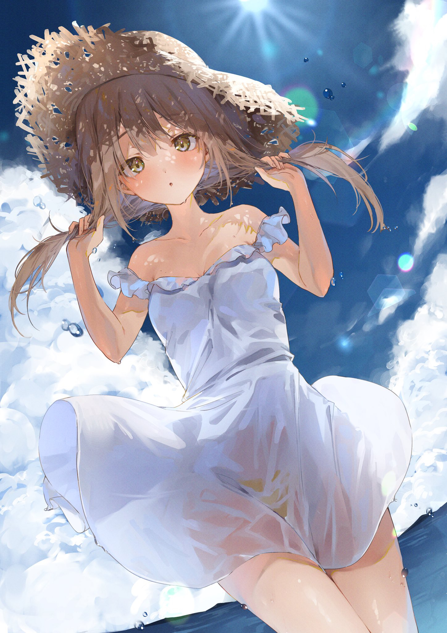 P站插画 女孩子 白色连衣裙 海边 草帽@楠ハルイ P站美图-第1张