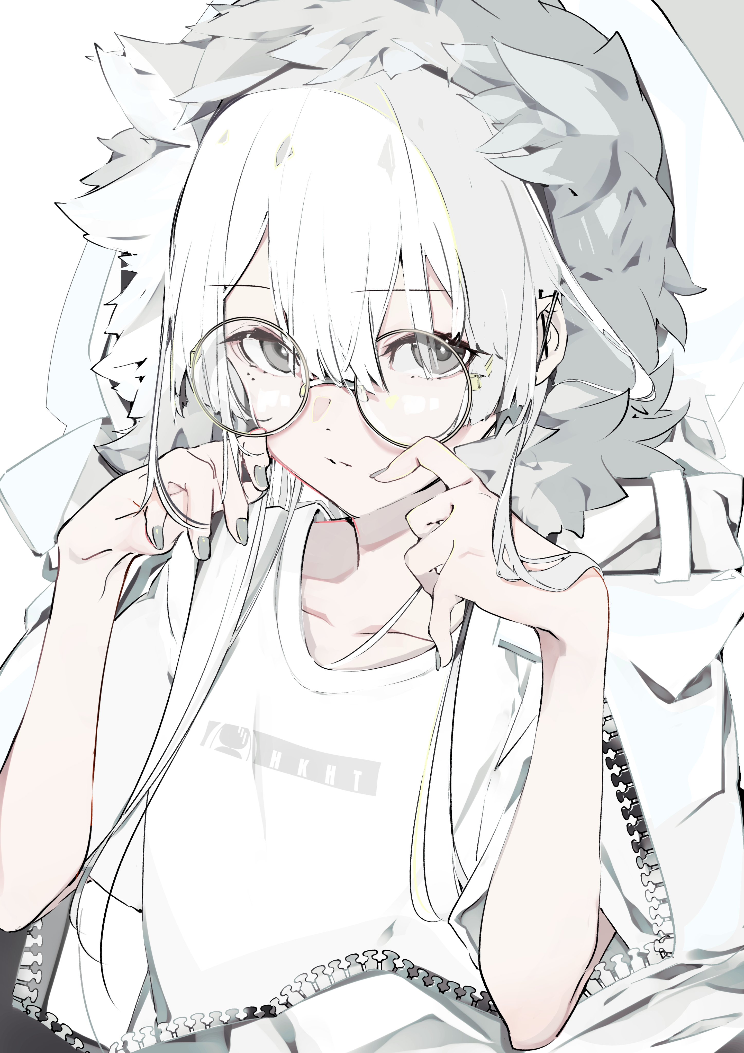 P站插画 银发少女 眼镜 短袖 毛茸茸帽子 美少女@米室 P站美图-第1张