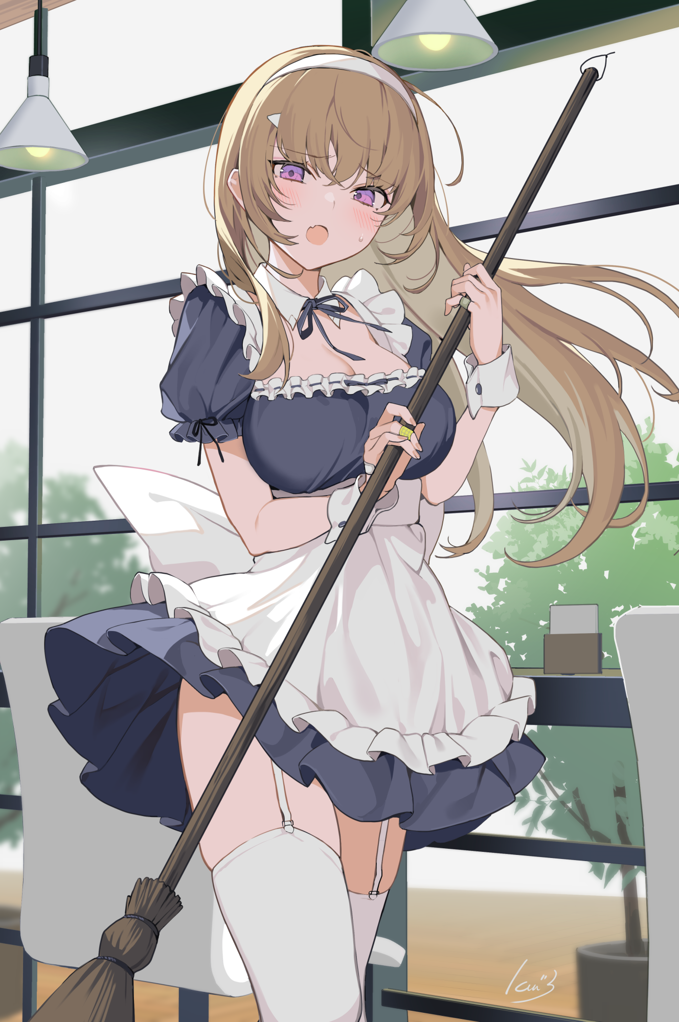 P站插画 原创 长发 紫瞳 围裙 亚麻色头发 女仆 美少女 手机壁纸@イコモチ P站美图-第1张