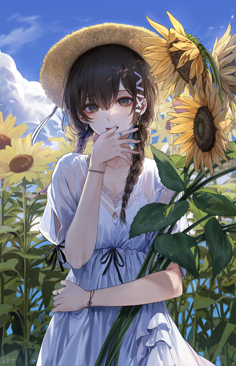 P站插画 原创 少女 向日葵 白色连衣裙 麻花辫 白皮肤 草帽 手机壁纸 P站美图-第1张