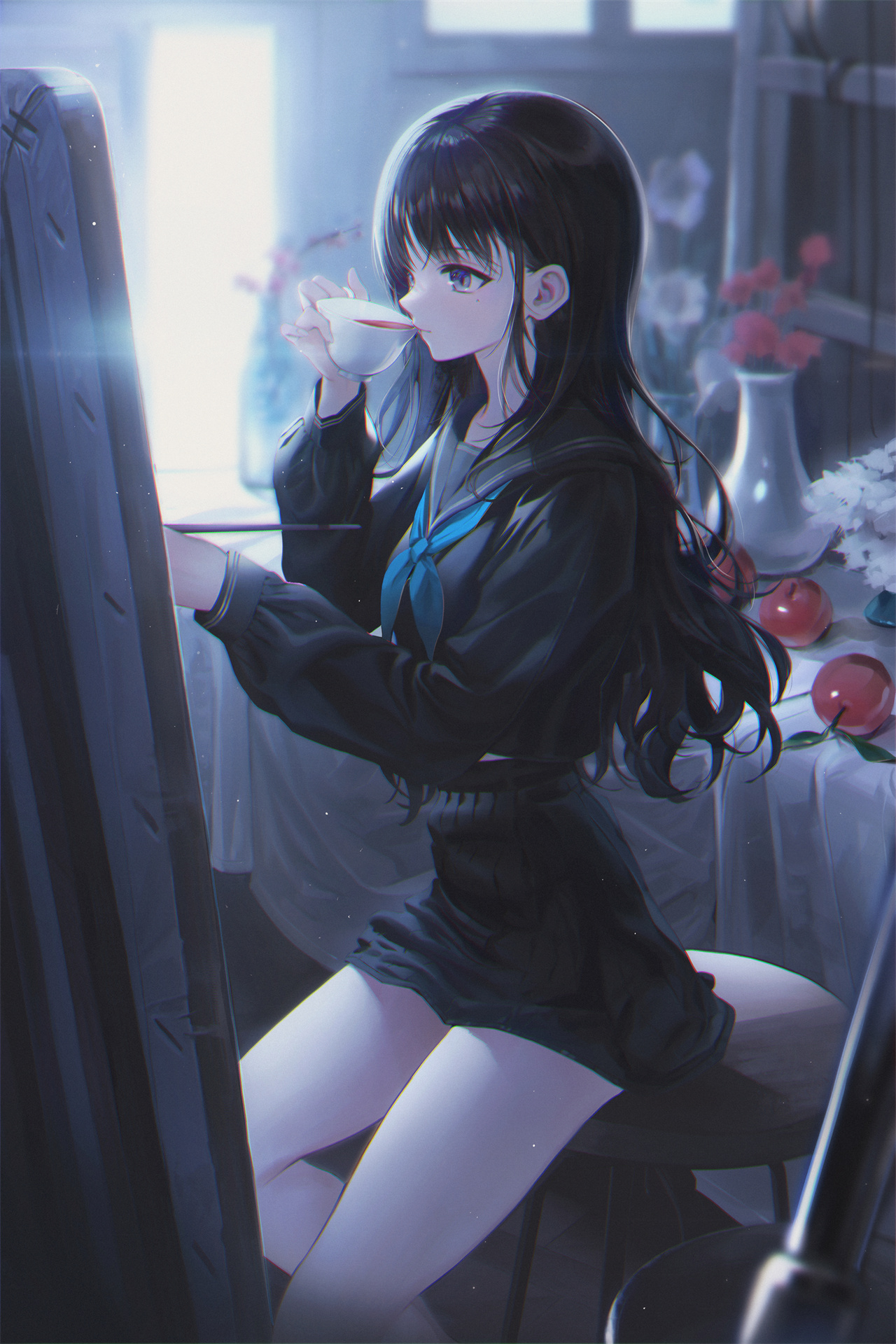 P站插画美图 JK制服 女高中生 黑色水手服  手机壁纸 二次元美图 P站美图-第1张