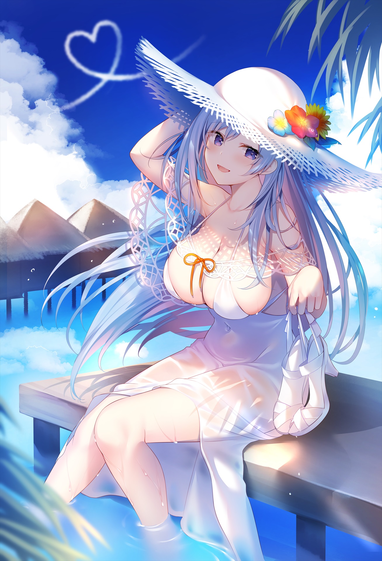 美图插画 高跟鞋 白色连衣裙 草帽 巨乳美少女 码头独坐  蓝色天空 手机壁纸-第1张