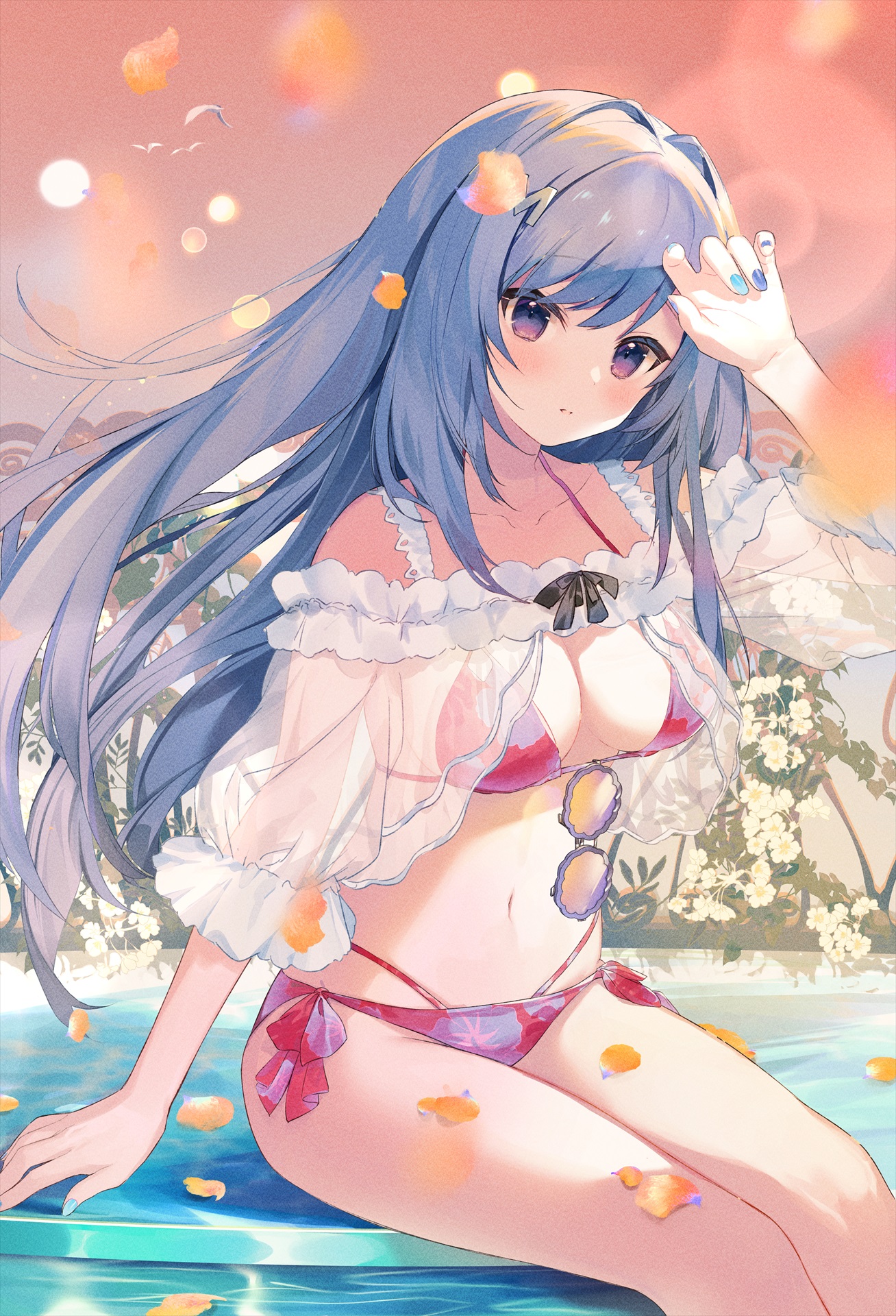 美图插画  黄昏 美少女 比基尼 海边 花海 手机壁纸 手机壁纸-第1张