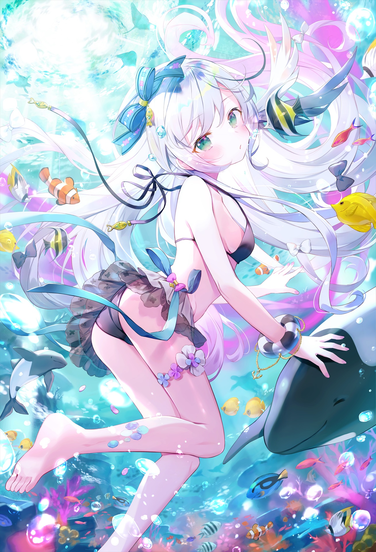 插画美图 银发碧眼 比基尼美少女 水下 海豚 鱼群 手机壁纸 手机壁纸-第1张