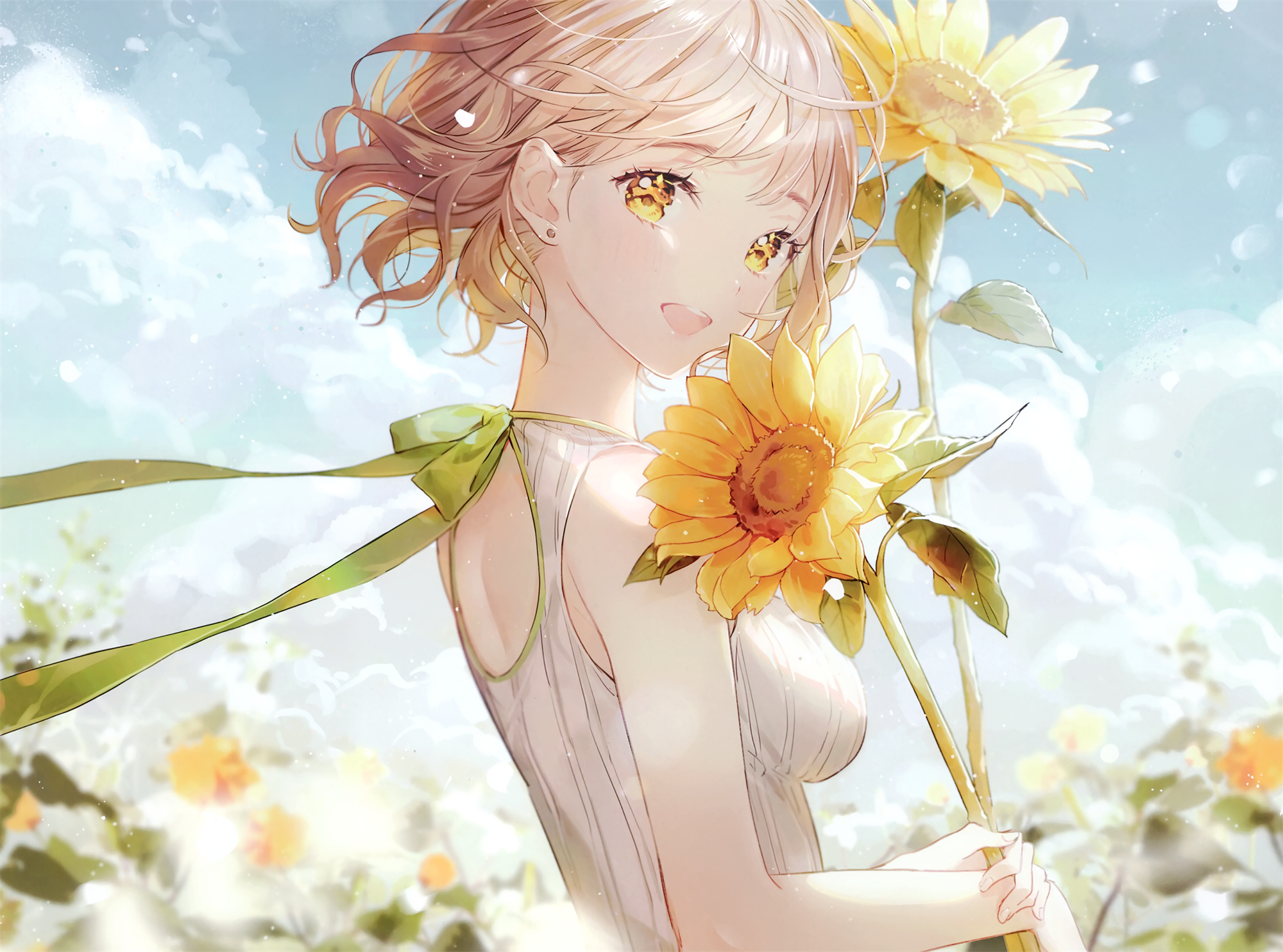 【插画美图】蓝天 白云 比基尼妹子 向日葵少女 夏日美图推荐 P站美图-第3张