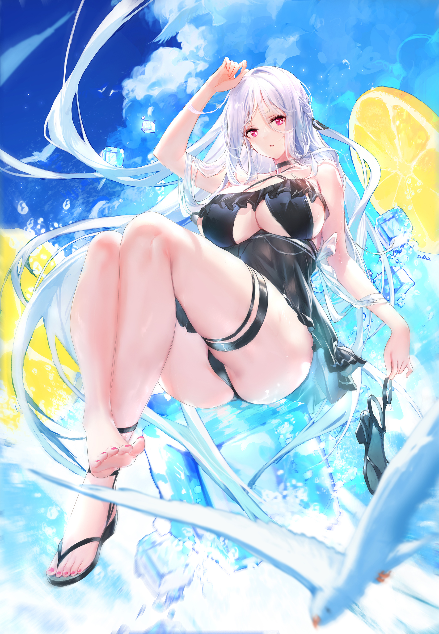 插画美图 女孩子 银发 柠檬 冰块 水中 大白腿 手机壁纸@超凶の狄璐卡 P站美图-第1张