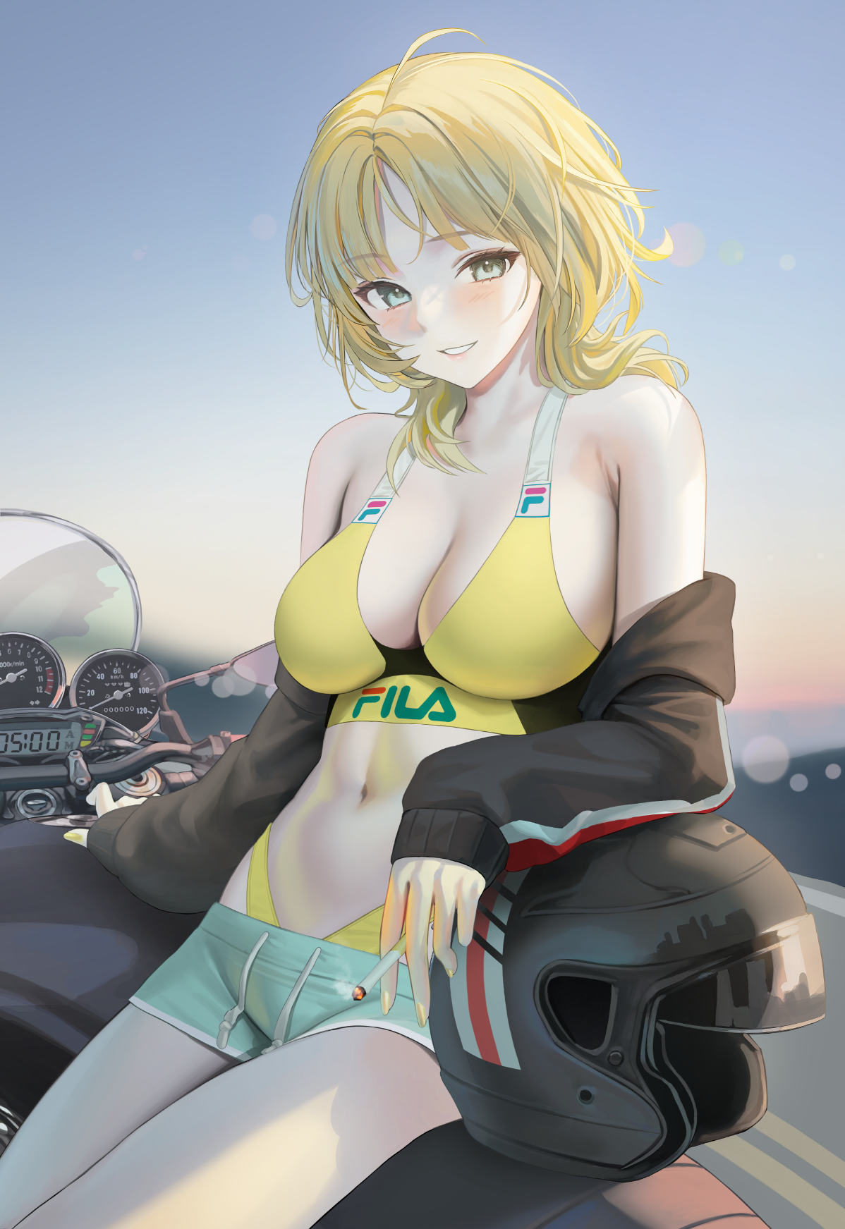 P站插画 动漫美图 金发美少女 摩托车 头盔 短裤 黄色内衣 巨乳 手机壁纸@myabit P站美图-第1张
