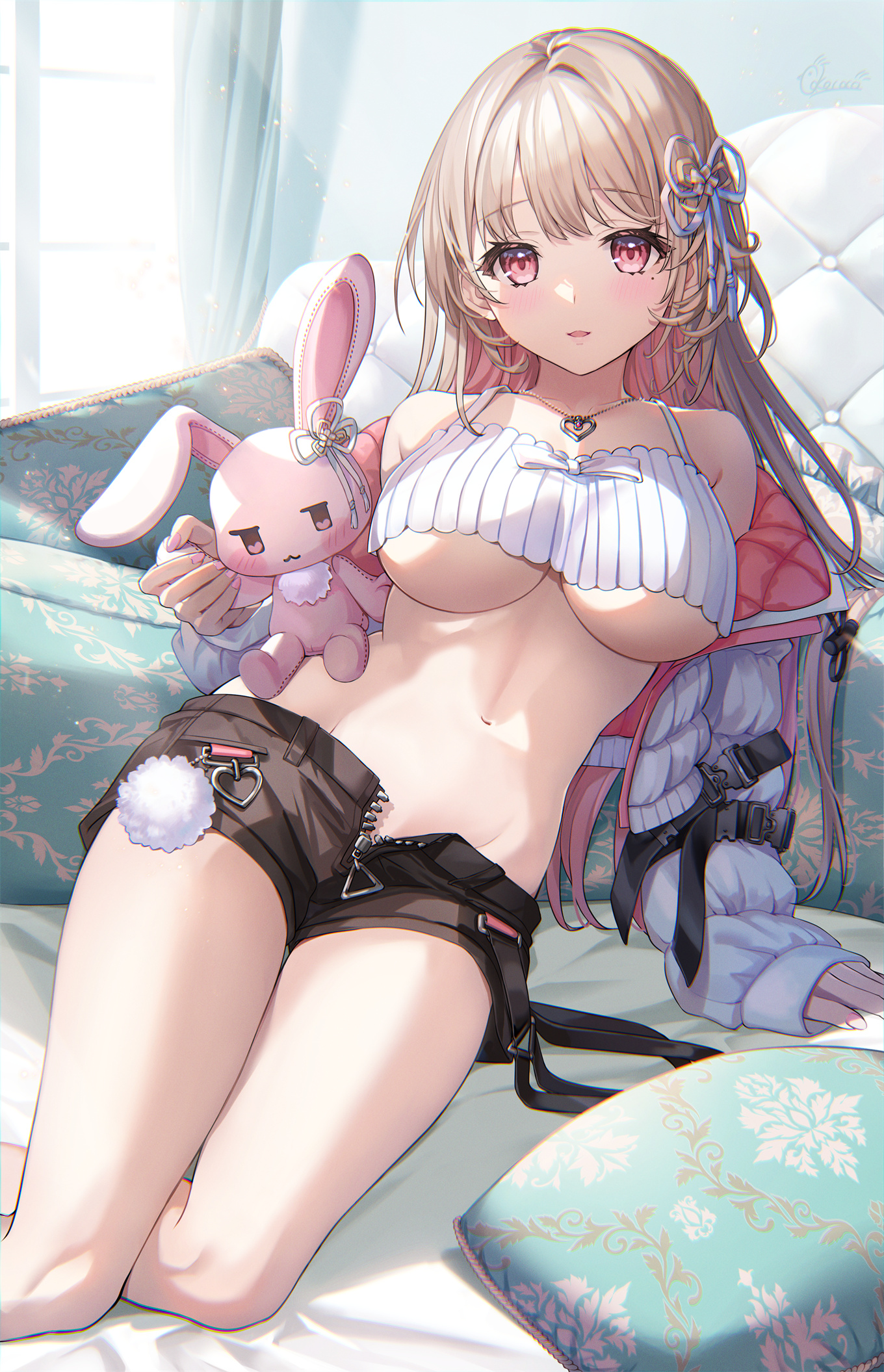插画美图 热裤 巨乳 女孩 金发 玩偶兔 手机壁纸@苔コッコ P站美图-第1张