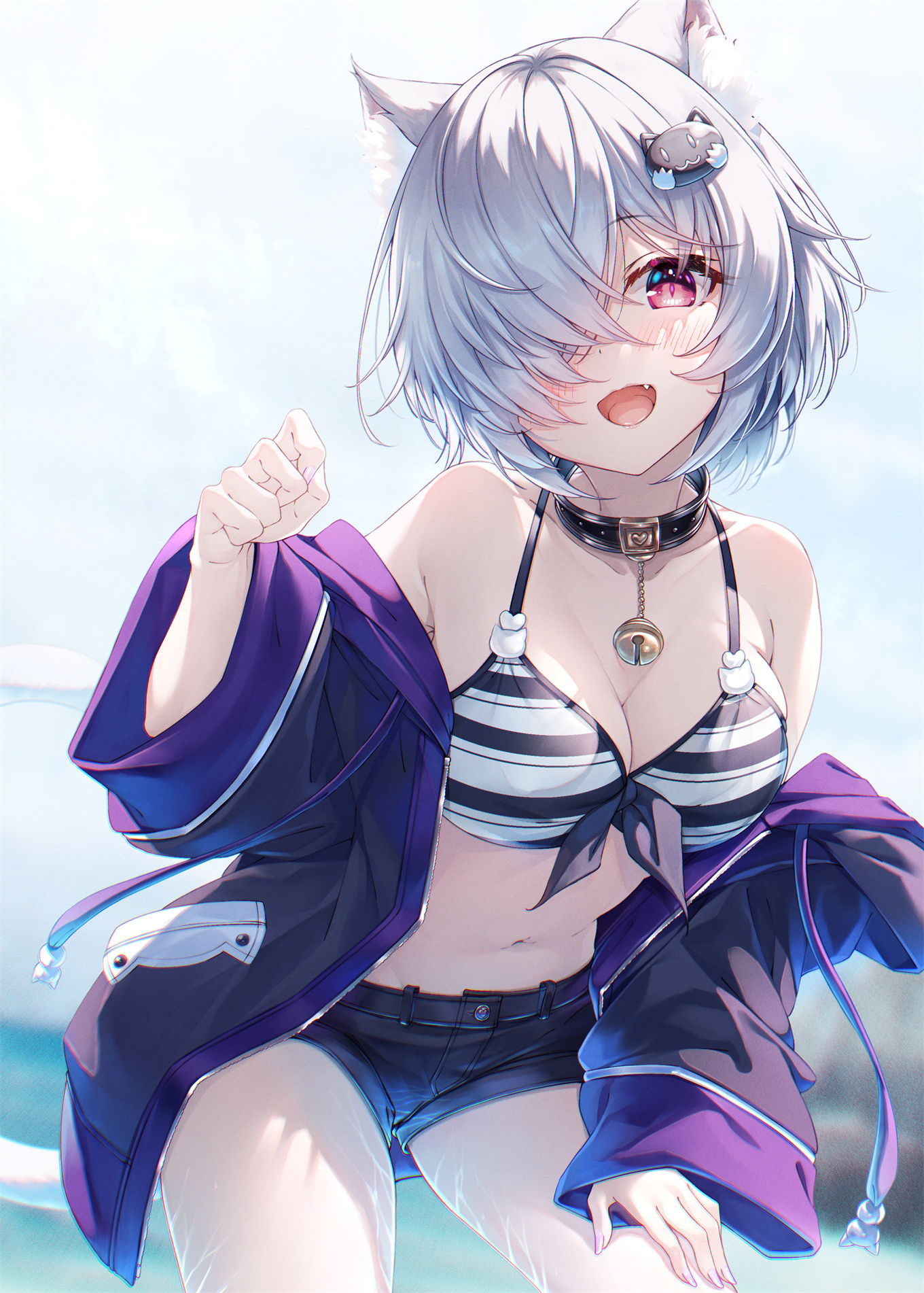 P站插画 PIXIV 原创 兽耳 泳装 热裤 比基尼 手机壁纸@はすみ P站美图-第1张