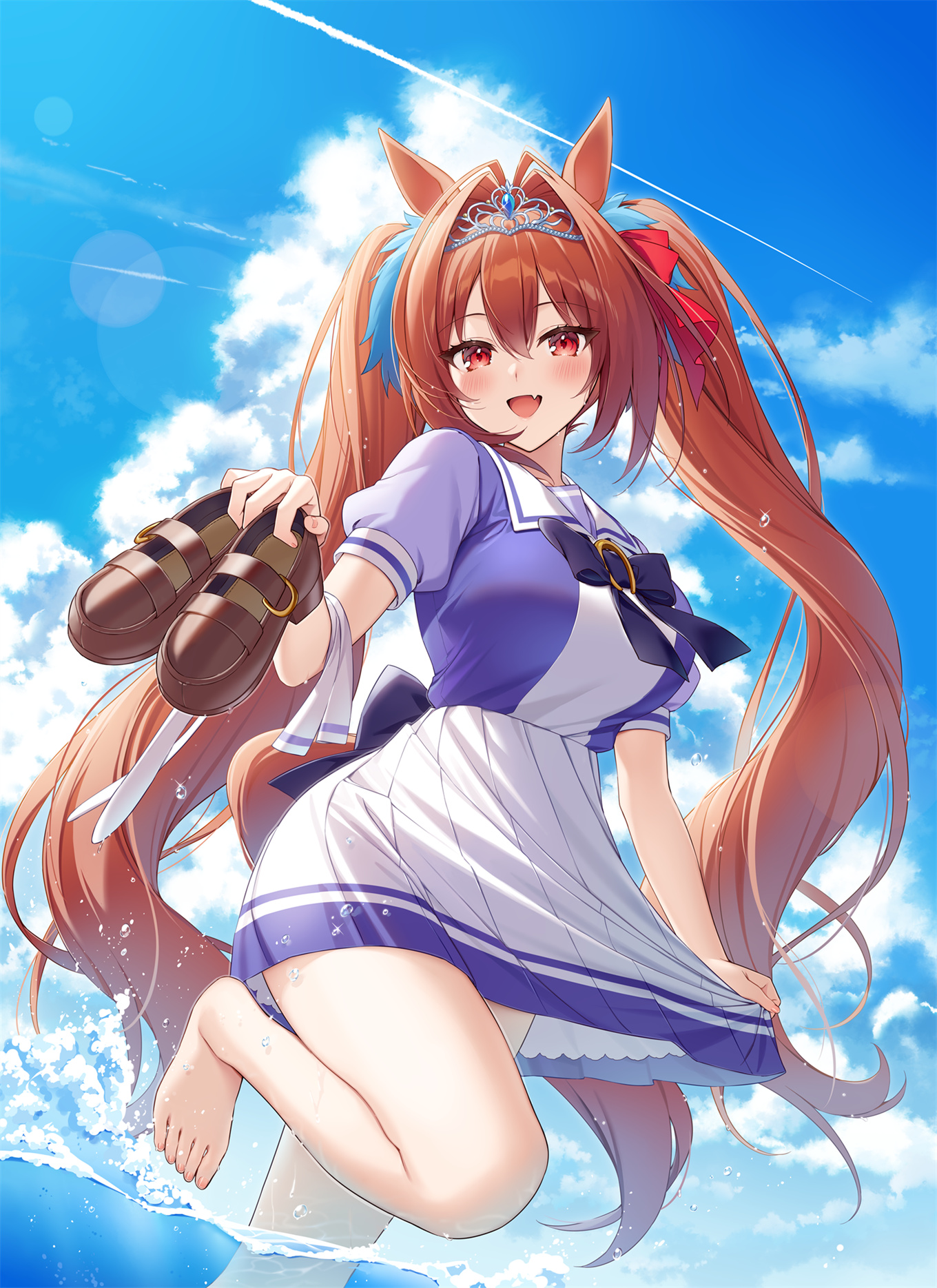 P站插画 动漫美图 赛马娘 制服裸足 双马尾 海边@kr木 P站美图-第1张