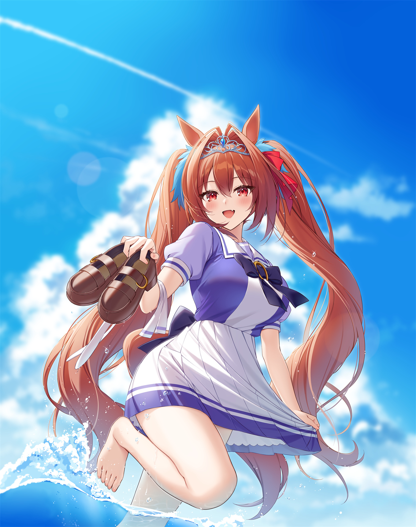 P站插画 动漫美图 赛马娘 制服裸足 双马尾 海边@kr木 P站美图-第2张