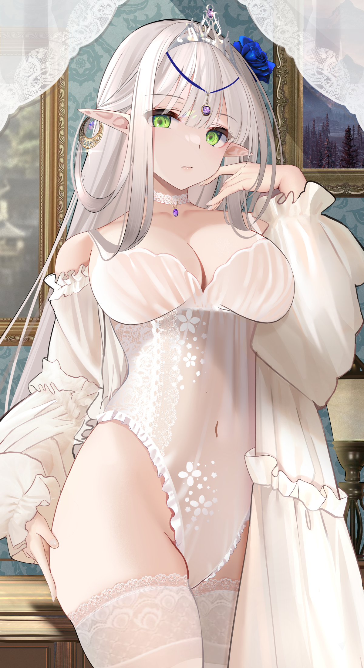 P站美图 银发精灵 白丝袜 绿瞳女孩@ ム菓ツク（むか） P站美图-第1张