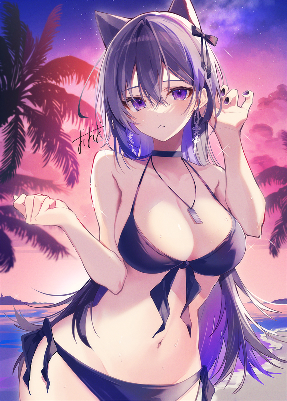 P站插画 原创 女孩子 泳装 猫耳 美甲 比基尼 海边 黄昏 @おしおしお P站美图-第1张
