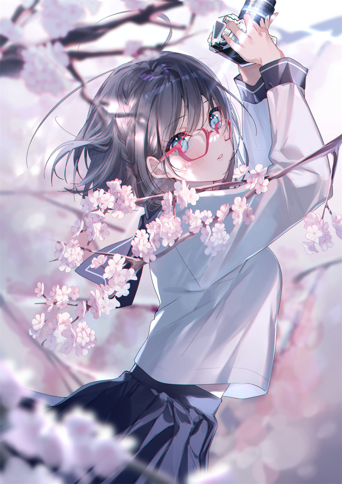 P站美图 樱花 眼镜 女校学生@美和野らぐ P站美图-第1张