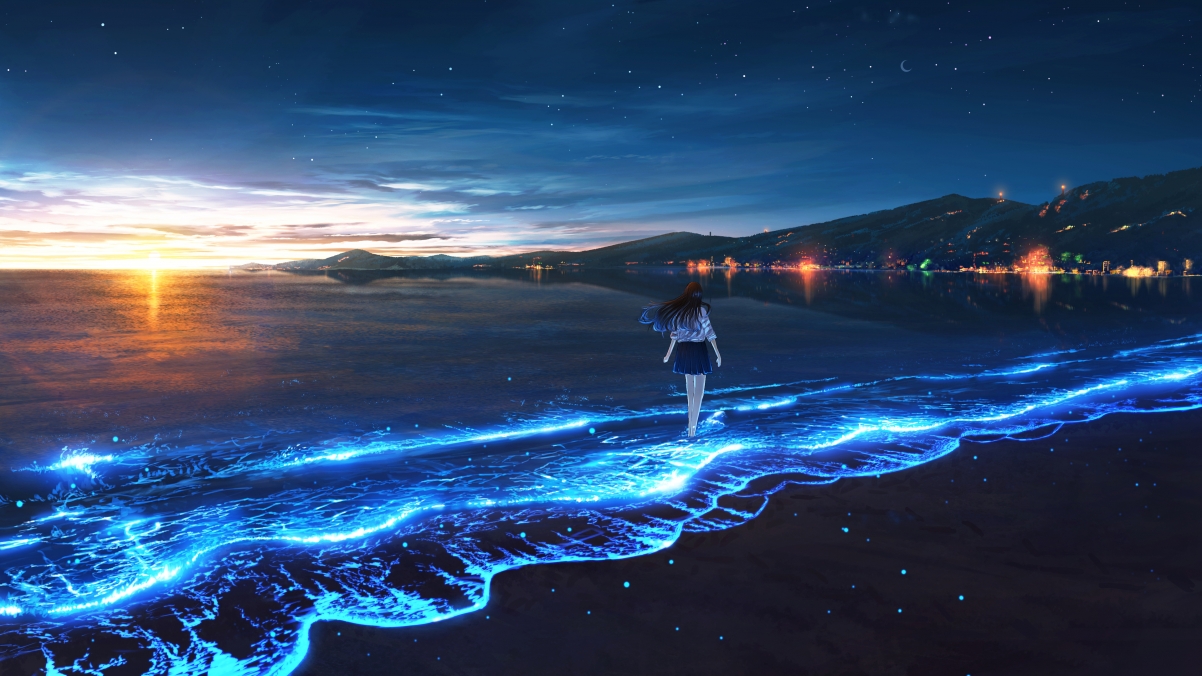 少女 海边 夕阳 灯光 星空 唯美4k动漫壁纸 电脑壁纸-第1张