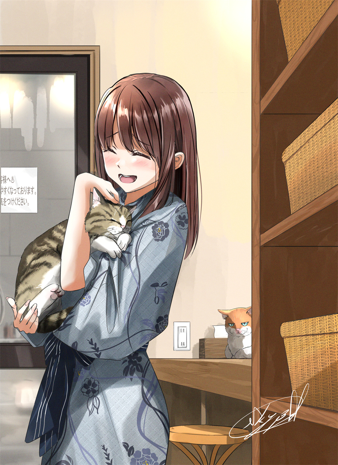 P站插画 美图 原创 女孩子 猫 浴衣 笑顔@空鐘 P站美图-第1张