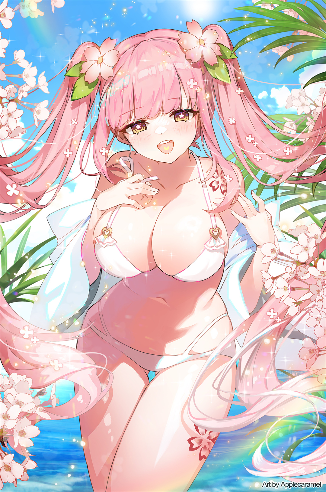 P站插画 原创 Vtuber 泳装 夏天 比基尼 女孩子 欧派 插画 魅惑的乳沟@AppleCaramel P站美图-第1张