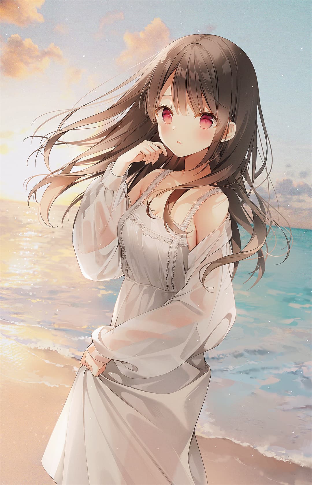 P站插画 原创 海边 长发 女孩 白色连衣裙@WERI P站美图-第1张